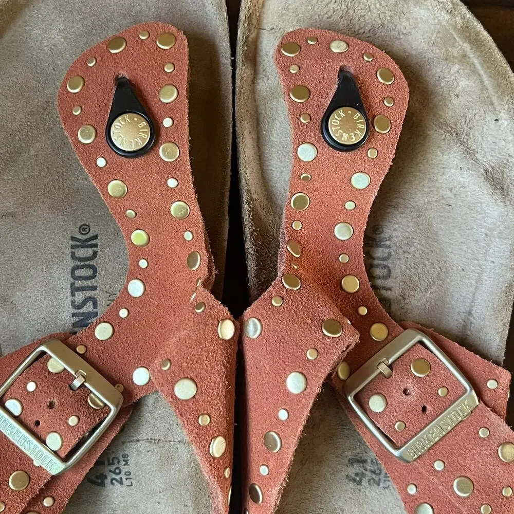 Birkenstock Gizeh Rivet Border Sandals 41 Dark Rust Terracotta Suede Thong Stud - Picture 13 of 16